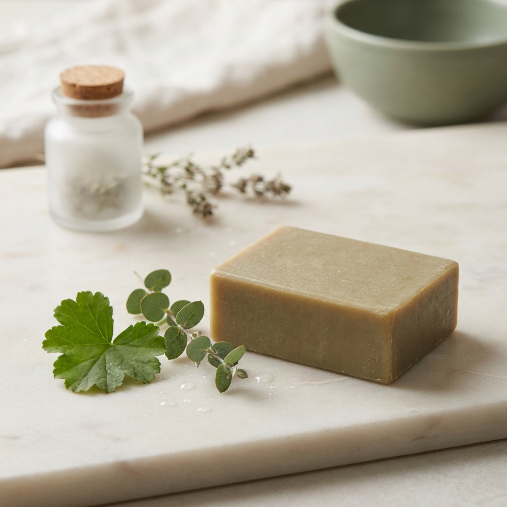 Pastilla limpiadora botánica Aesop en un embalaje minimalista sobre una superficie de piedra