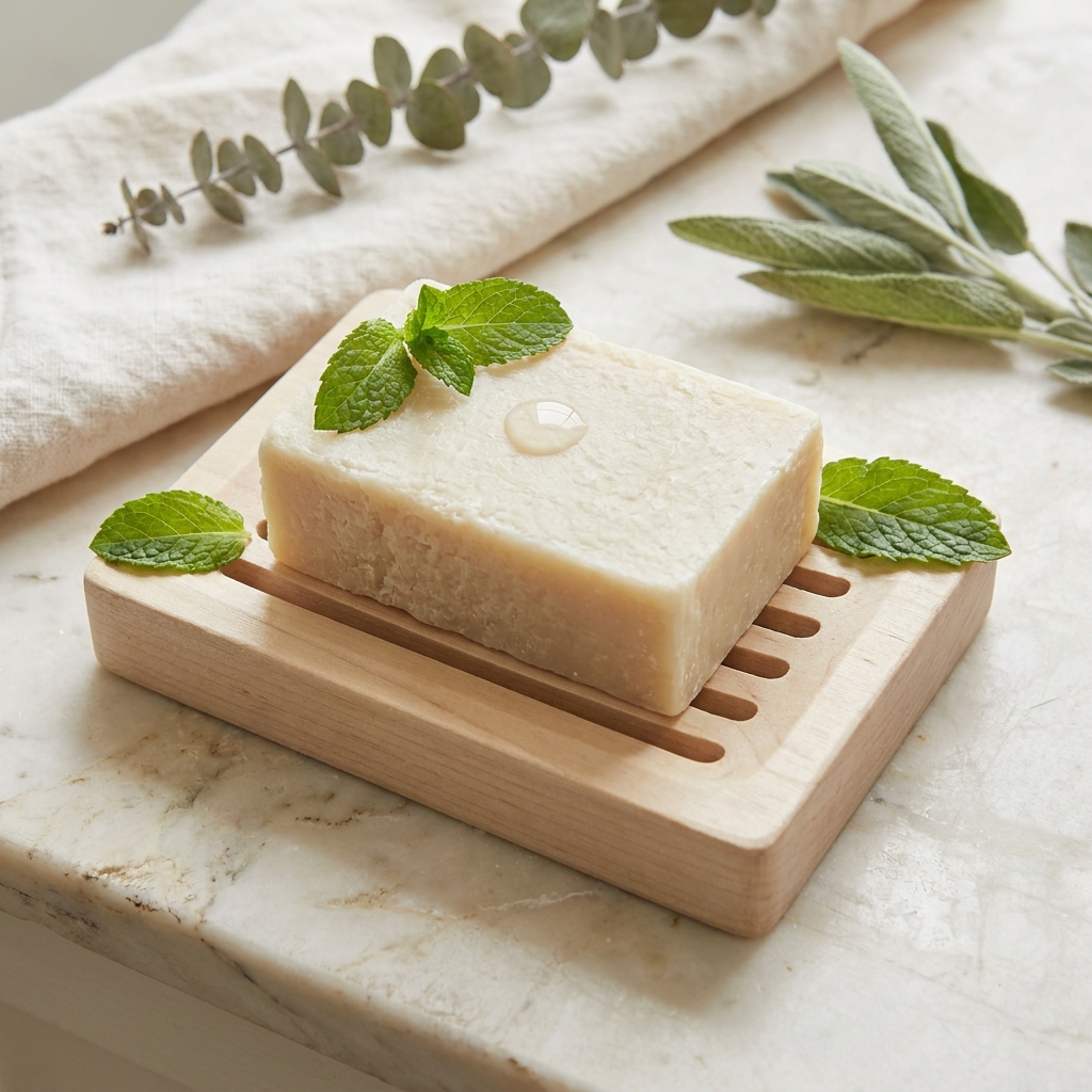 Pastilla de jabón de Castilla de menta Dr. Bronner's en una jabonera de madera