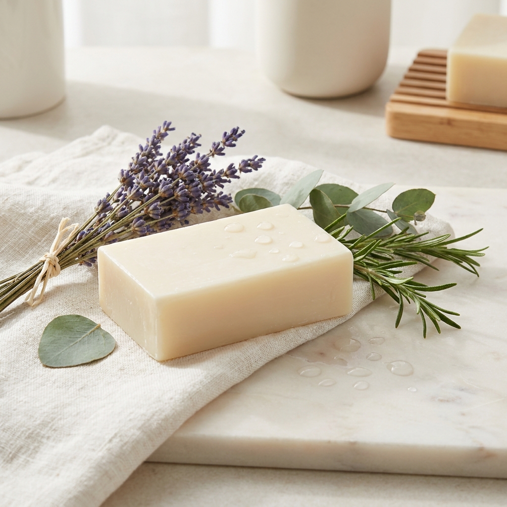 Pastilla de jabón de manteca de karité L'Occitane con lavanda sobre un paño de lino