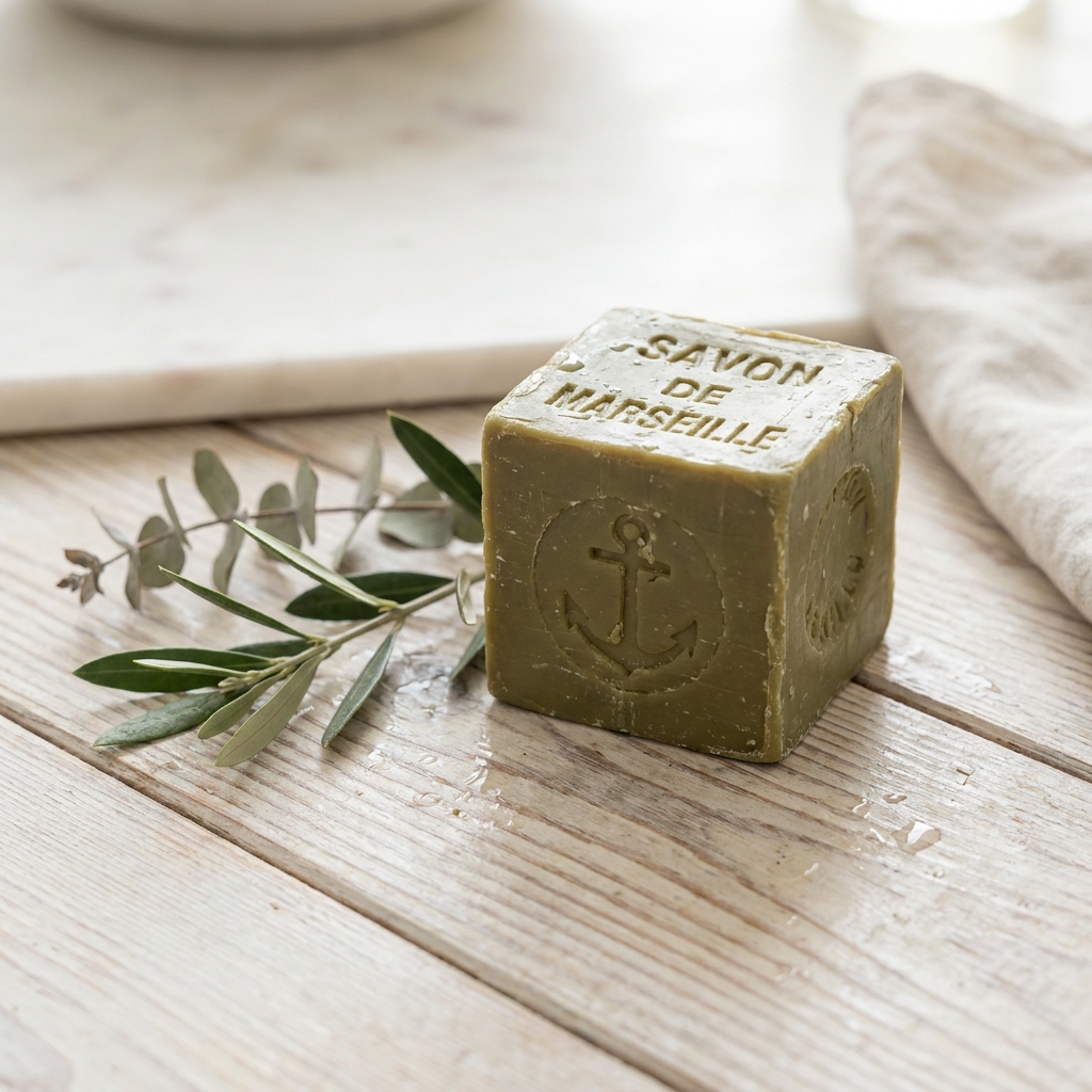 Cubo de Savon de Marseille de aceite de oliva Marius Fabre sobre una superficie rústica