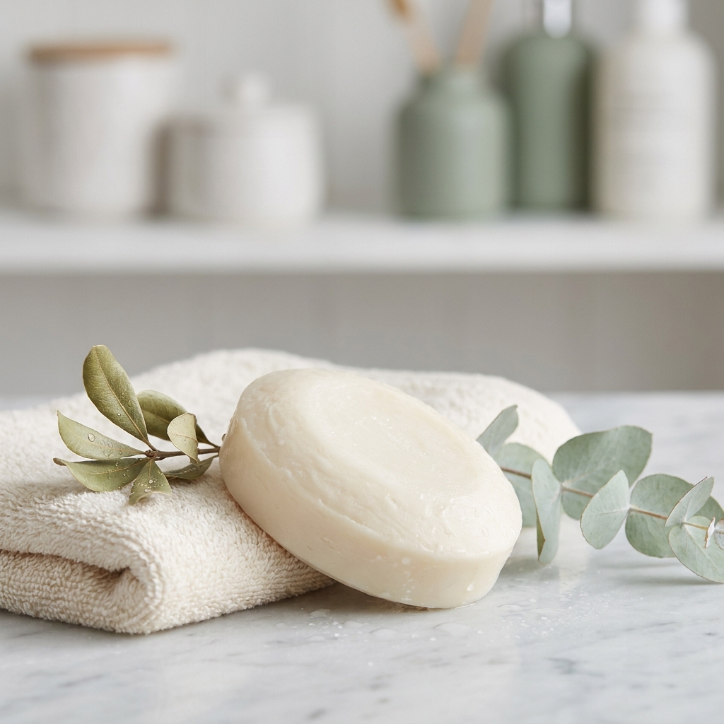 Pastilla de jabón de leche de cabra Naples Soap Company con karité sobre una toalla suave